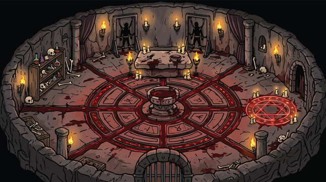 Dark fantasy ritual chamber vector, occult dungeon altar with blood and candles, isometric spooky basement for game design, creepy stone temple interior