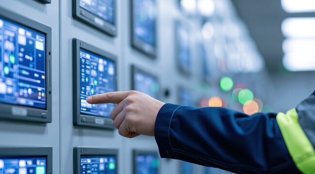 Worker hand pointing at touchscreen monitor in industrial control room