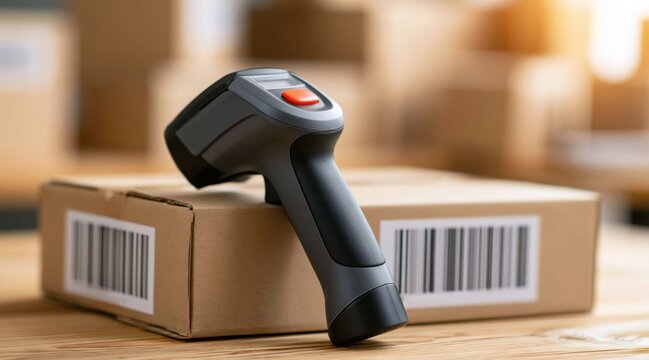 Barcode scanner on cardboard box with barcode label in warehouse