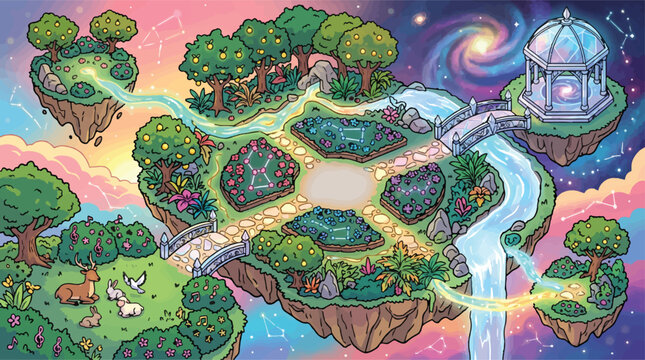 Whimsical floating island garden vector, magical celestial landscape with cosmic galaxy sky, fantasy garden map with gazebo and waterfalls for game design
