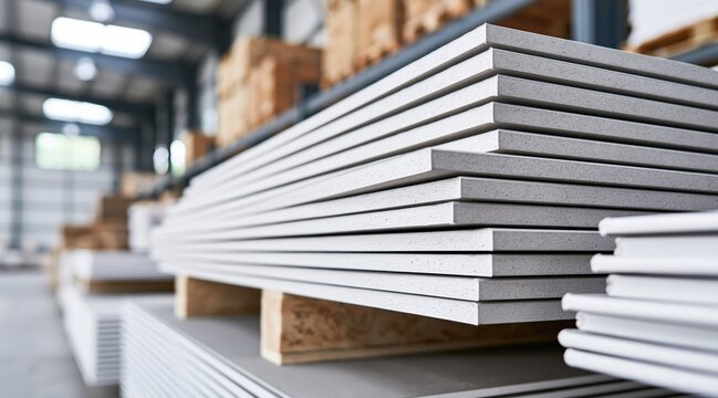Stacked white construction boards on wooden pallets in warehouse