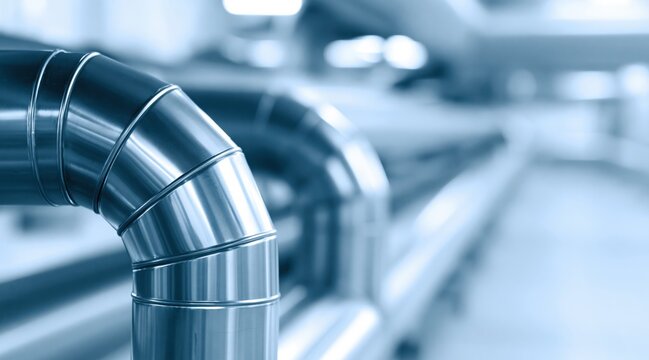Shiny industrial pipe elbow in factory plant