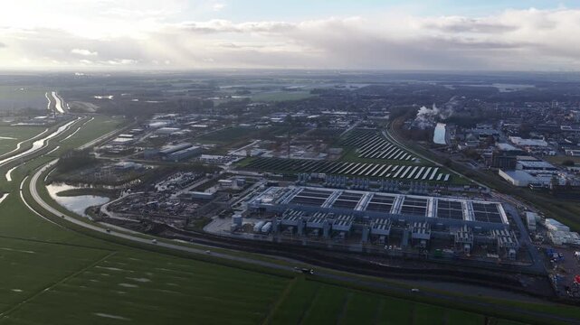 Aerial view of data center construction site in rural landscape
