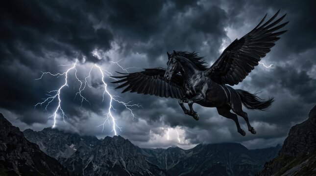Dark Winged Horse Flying Through Stormy Mountain Sky with Lightning