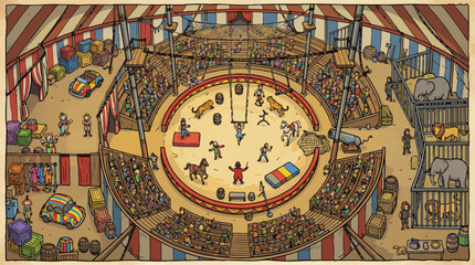 Vintage circus arena illustration, retro big top tent with performers and animals, antique carnival scene with ringmaster and audience, hand-drawn circus show vector art © xantii