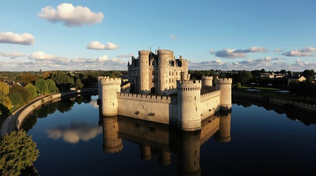 Castle with moat and towers stands in calm water under blue sky with clouds. Medieval fortress exterior reflects in still moat, surrounded by green trees and nature.