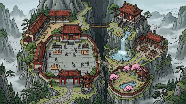 Ancient Chinese mountain temple complex, traditional martial arts training monastery vector, oriental pagoda architecture in misty mountains with cherry blossoms