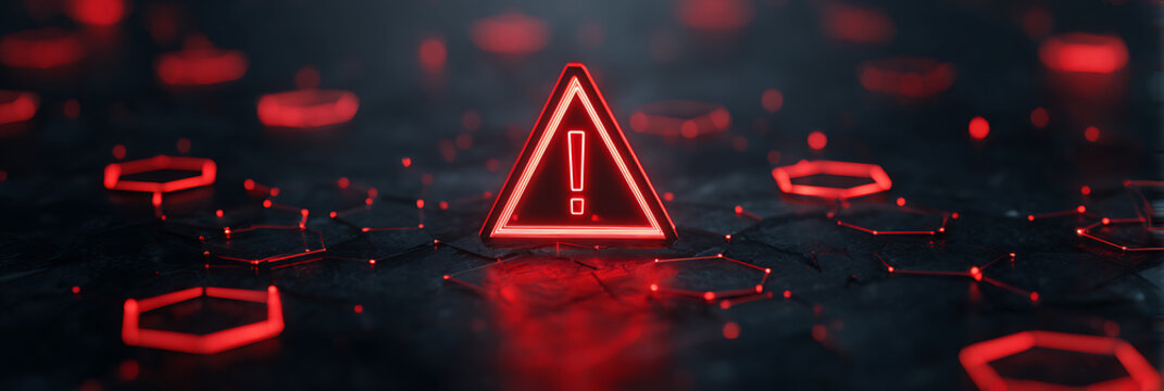 Red glowing warning icon with exclamation mark on dark futuristic hexagonal surface representing cybersecurity threat and system error alert in digital network environment.