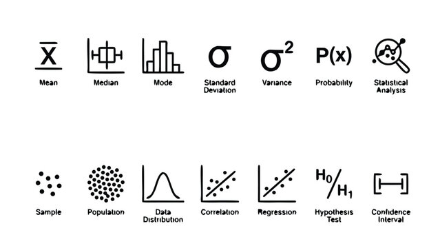 Professional Set of 14 Statistics Line Icons Featurin Mean, Median, Mode, Standrd Deviation, Variance, Prbability, Statistical Analsis, Sample, Population, Dta Distribution, and Regresion