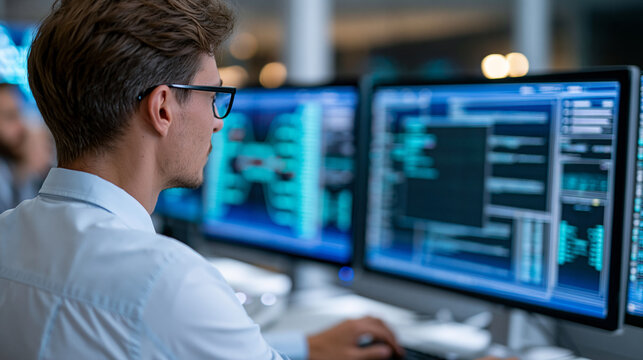 Rear view of an expert analyzing cybersecurity and business intelligence on a large monitor leveraging advanced analytics, analytics for security concept, large screen monitoring