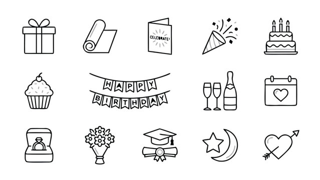 Vector set of 14 celebration and gift line icons featring a gift box, birthday ake, party popper, graduaton cap, engagement ring, campagne, flower bouquet, ad happy birthday banner icns.