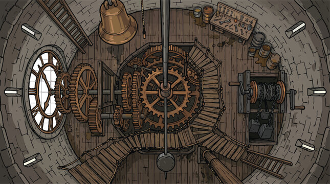 Vintage clock tower interior with mechanical gears, steampunk style clockwork mechanism vector, antique stone tower room with wooden stairs and brass bell