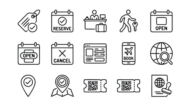 Travel Booking Line Icon Set Featuring Reservation Cofirmation, Hotel Check-in,Calendar Availability, Fliht Booking App, Ticket QR odes, Passport Stamp, Searh Globe, and Map Location ins.