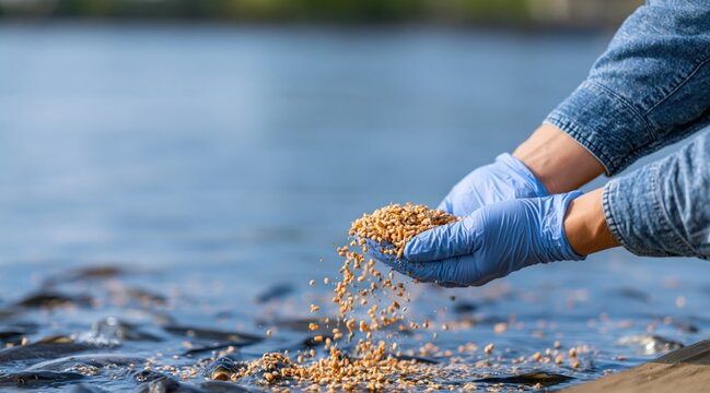 Hands in blue gloves feeding fish with grain in pond