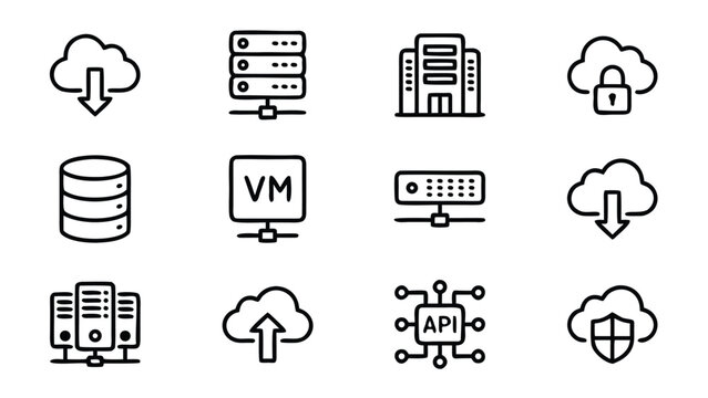 Set of 12 Cloud Computing and Server Line Icons Featuing Minimalist Vector Styl for Data Center, Virtual achine, API, Database, Netork Storage, Cloud Securit, Upload, and Download Symols.