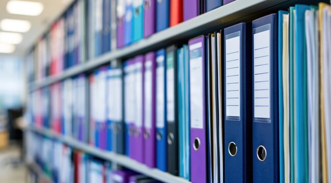 Colorful ring binders on office shelves with shallow depth of field