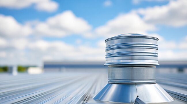 Metal roof vent on corrugated surface under blue sky with clouds