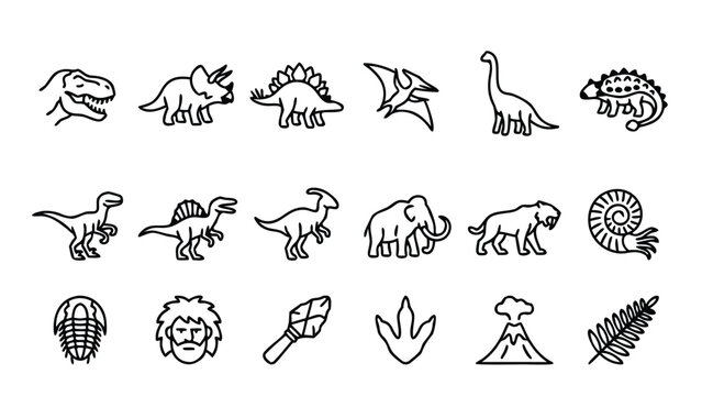 Collection of 18 Prehistoric and Dinosaur Line Icons Featuring T-Rex, Triceratops, Stegosaurus, Mammoth, Saber-toothed Tiger, Caveman, Volcano, and Fossils in a Minimalist Vector Graphic Style.