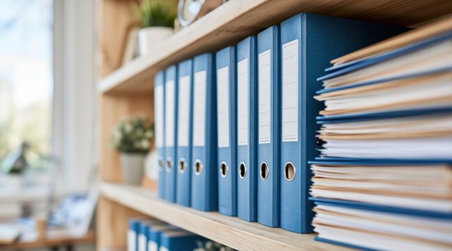Row of blue office binders and stack of documents on wooden shelf