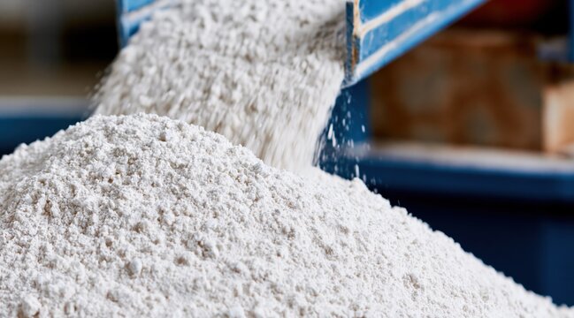 White industrial powder pouring from blue chute onto pile