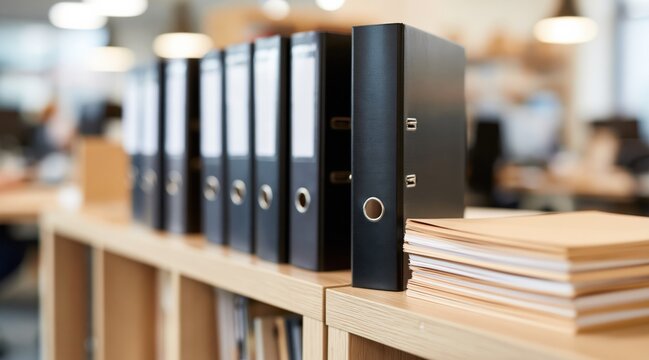 Row of black ring binders on wooden shelf in office with stack of documents