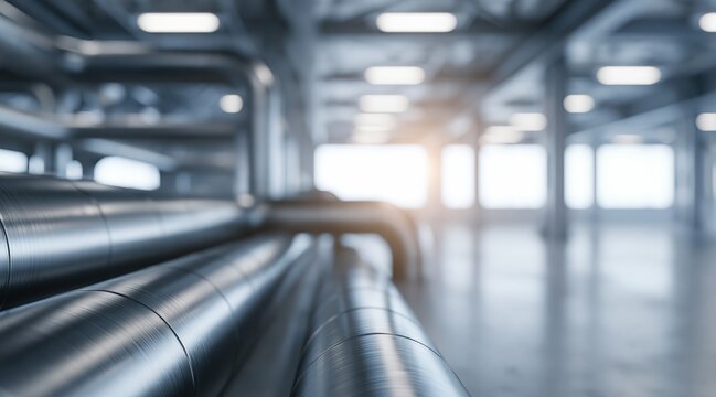 Steel pipes in modern industrial factory interior with bokeh background