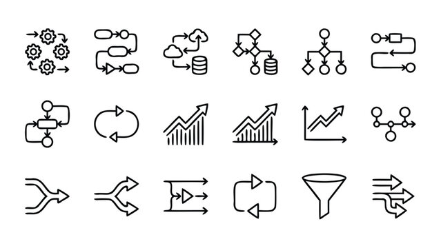 Set of 18 Flow and Process Arrow Line Icons for Workflow, Data Flow, Decision Tree, Flowchart, Business Management, Analytics, Growth Charts, Funnel, and Logic Diagrams in Minimalist Style