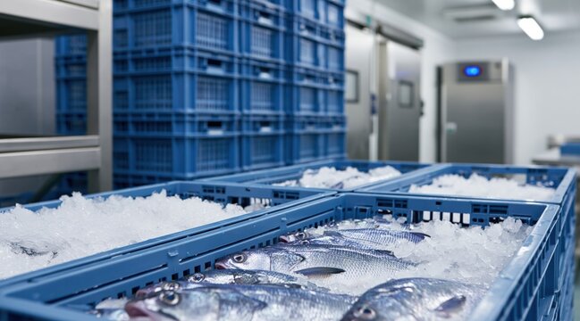 Fresh whole fish in blue plastic crates with ice in cold storage facility