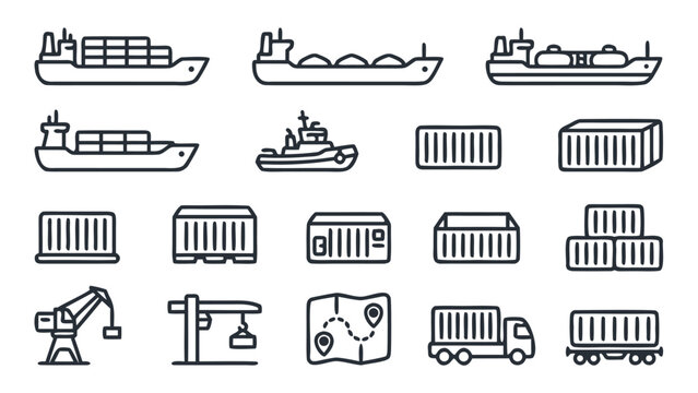 Vector Set of Freight Ship and Container Line Icons in Minimalist Style. Includes Cargo Vessels, Tankers, Tugboats, Shipping Containers, Port Cranes, Delivery Trucks, and Logistics Route Maps.