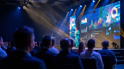 Naklejka premium Audience perspective in a large auditorium facing a brightly lit presentation screen and an in-focus speaker wearing a bright teal suit.