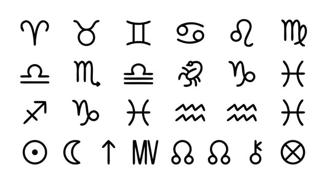 Comprehensive Set of 24 Minimalist Astrology and Zodiac Sign Line Icons Including Aries, Taurus, Gemini, Cancer, Leo, Virgo, Libra, Scorpio, Sagittarius, Capricorn, Aquarius, Pisces, Sun, and Moon