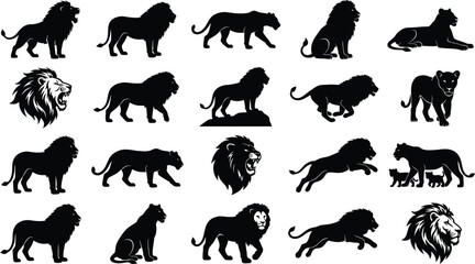 Obraz premium Lion silhouettes, black lion icons, 20 lion symbols, wildlife graphics, animal illustrations