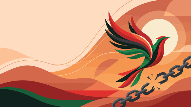 Juneteenth Freedom Day background with stylized flying bird breaking metal chains over minimalist rolling hills and sun vector illustration
