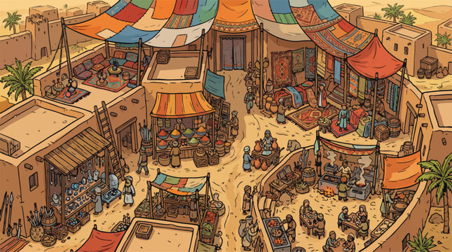 Ancient Middle Eastern marketplace vector illustration, bustling desert bazaar with merchants and stalls, traditional village market scene with colorful tents and adobe buildings