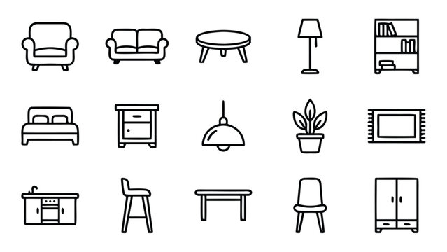 Set of 15 Minimalist Furniture and Interior Design Lie Icons Featuring Armchair Sofa, Bed, Table, Lamp, Bokshelf, Wardrobe, and Kithen Elements for Home Deco, Architecture, and Web Deign.