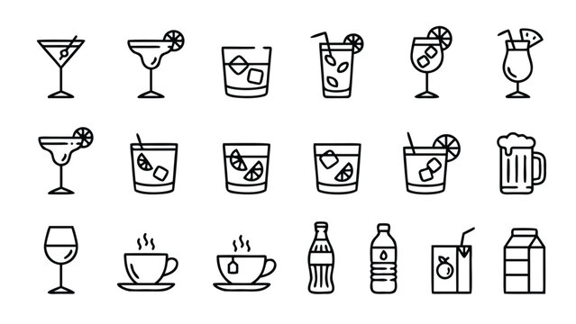 Comprehensive collection of beverage and cocktail lin icons in a minimalistic syle. Features martini, mararita, beer, wine, coffee,tea, soda, water, juice, ad milk vector illustration.