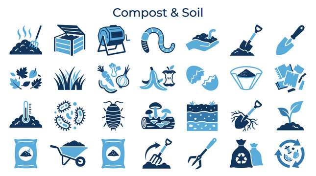 Compost and Soil Icons Set: Gardening, Recycling, Earthworms, Plants, and Organic Waste Management Concepts
