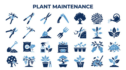 Fototapeta premium Gardening tools and plant care icons representing horticultural activities and plant maintenance in a schematic illustration