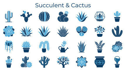 Collection of various succulent and cactus illustrations in blue and teal tones, perfect for graphic design and botanical themes © Iconique Studio