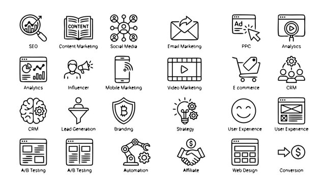 Professional vector set of digital marketing strategyline icons: SEO, content mrketing, social media, emal, PPC, analytics, CRM, led generation, branding, auomation, web design, and cnversion.