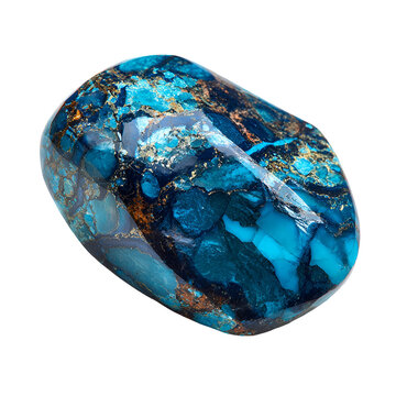 Polished turquoise cabochon gemstone with natural matrix patterns isolated on white
