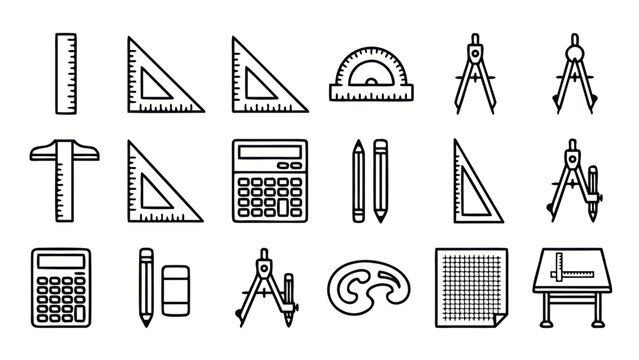 Vector Set of Mathematics and Geometry Tools Line Icos; Minimalist Outline Symbls of Ruler, Protractor, Cmpass, Calculator, Pencil,Drafting Table, and Grid Pper for Education and Desin.