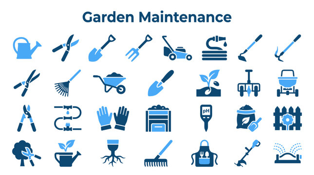 Collection of garden maintenance tools and equipment icons symbolizing plant care and yard work tasks