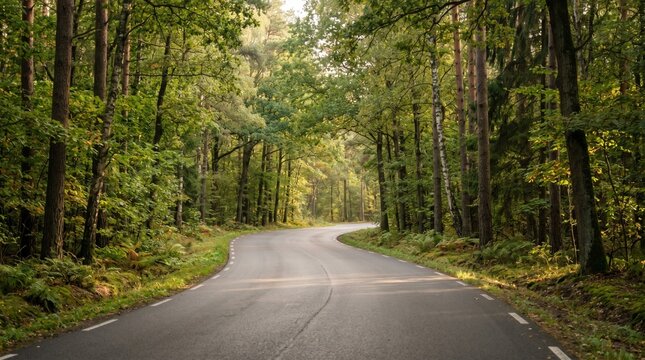 Scenic winding road cuts through a vibrant green forest bathed in golden sunlight, inviting exploration and a peaceful journey through nature's beauty