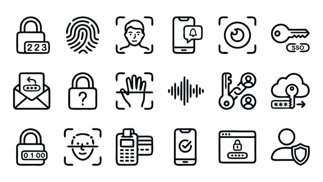 Authentication and Identity Vector Line Icon Set Featuring Biometrics, 2FA, SSO, Face ID, Fingerprint, Iris Scan, Password Reset, Voice Recognition, Mobile Security, and Cloud Access Control