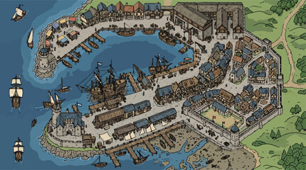 Medieval fantasy port city map, hand-drawn harbor town with sailing ships and docks, isometric coastal village illustration for gaming and world building © xantii