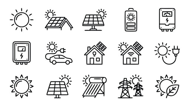 Minimalist Solar Power and Sun Energy Vector Line Ico Set Featuring Solar Panel, Battery Storage, Electri Vehicle Charging, Smart Hme Integration, Power Grid and Renewable Energy Symbls.