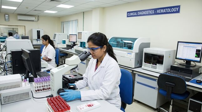 A lab technician examines blood samples under a microscope in a clinical hematology diagnostic lab with advanced equipment and multiple workstations.