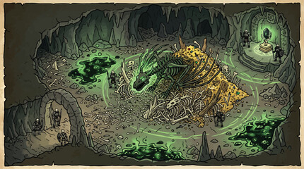 Fantasy dragon skeleton in treasure cave vector, undead dragon guarding gold coins in dungeon, spooky necromancer lair with glowing green magic and skeletons © xantii