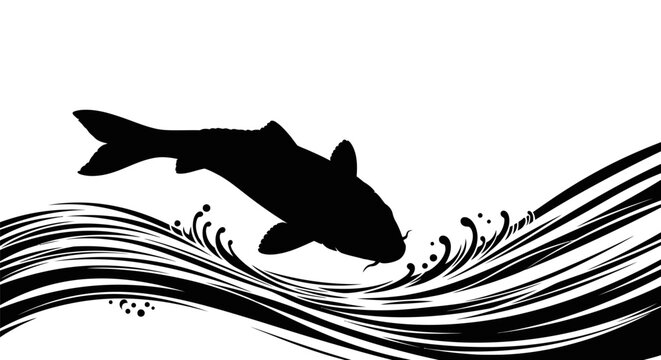 Black silhouette of a koi fish jumping out of water.